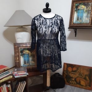 Womens Dark Lace Over shirt Blouse Sz Med KITSCH Make Any Top Fancy Black Blue